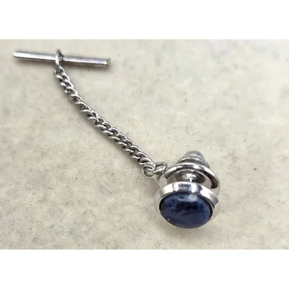 Silver Tone Tie Pin With Navy Blue Marbled Center Stone - Picture 2 of 2